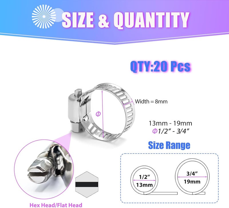 Duramedal Hose Clamp- 20 PCS Stainless Steel Hose Clamps Assortment Kit 1/2''–3/4'' stainless steel hose clamps for Fuel Line, Plumbing, Automotive, Mechanical Applications, Tube, Garden - Image 2